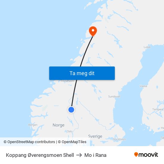 Koppang Øverengsmoen Shell to Mo i Rana map