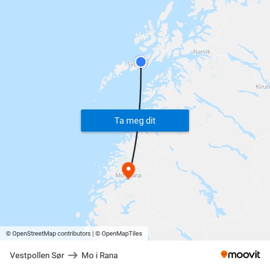Vestpollen Sør to Mo i Rana map