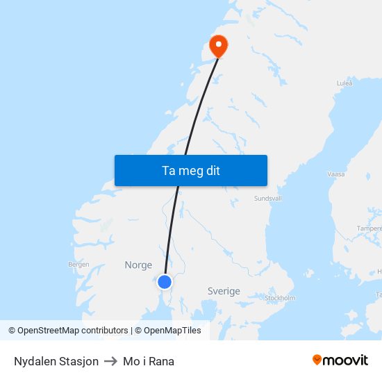 Nydalen Stasjon to Mo i Rana map