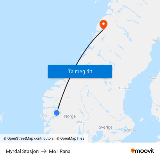 Myrdal Stasjon to Mo i Rana map