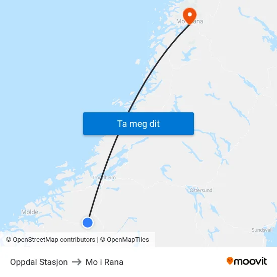 Oppdal Stasjon to Mo i Rana map