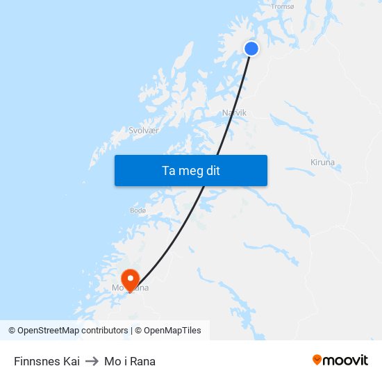 Finnsnes Kai to Mo i Rana map