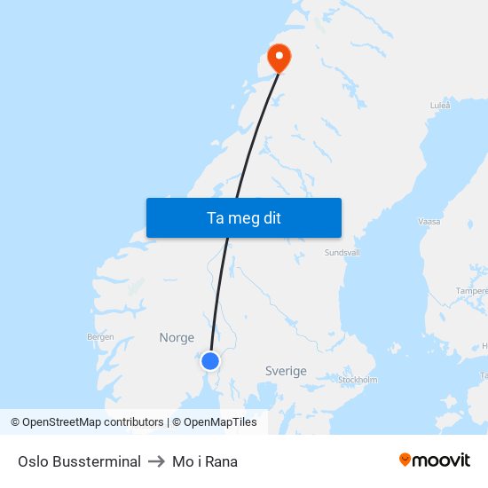 Oslo Bussterminal to Mo i Rana map