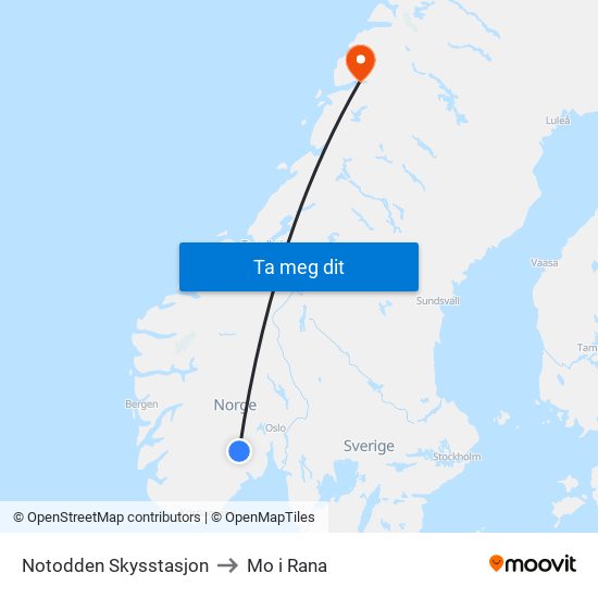 Notodden Skysstasjon to Mo i Rana map