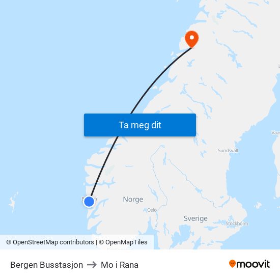 Bergen Busstasjon to Mo i Rana map