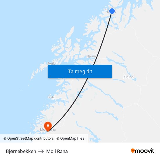 Bjørnebekken to Mo i Rana map