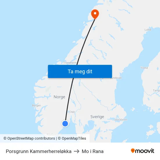 Porsgrunn Kammerherreløkka to Mo i Rana map