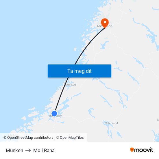Munken to Mo i Rana map