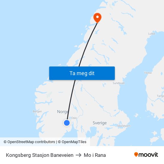 Kongsberg Stasjon Baneveien to Mo i Rana map