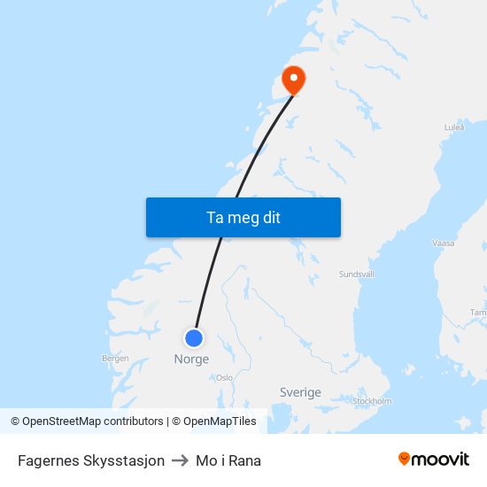 Fagernes Skysstasjon to Mo i Rana map