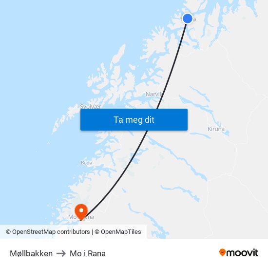 Møllbakken to Mo i Rana map