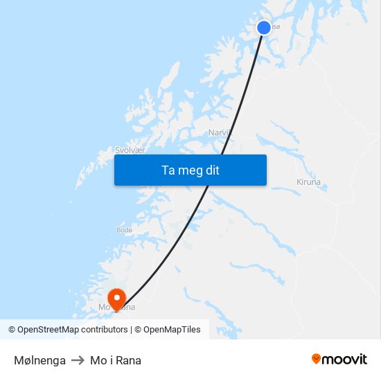 Mølnenga to Mo i Rana map
