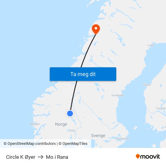 Circle K Øyer to Mo i Rana map