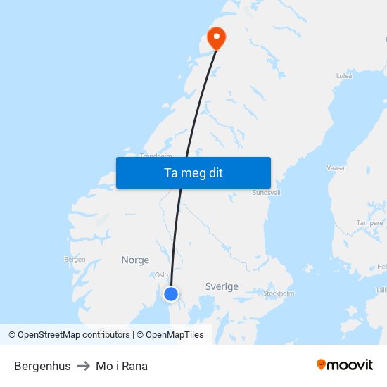 Bergenhus to Mo i Rana map