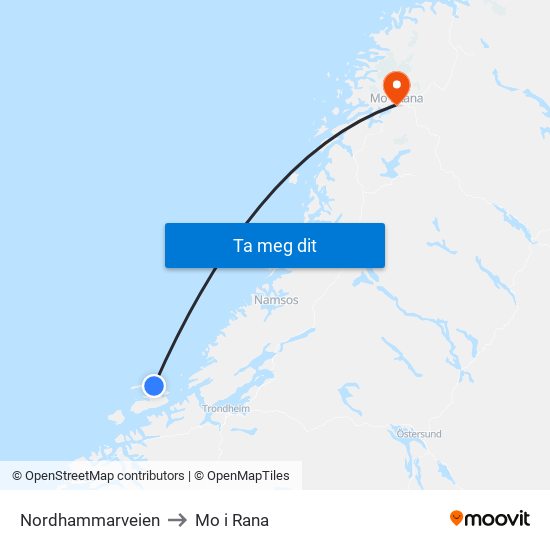 Nordhammarveien to Mo i Rana map