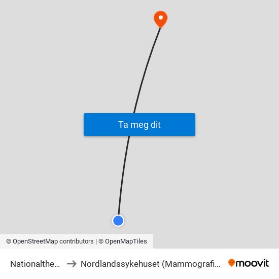 Nationaltheatret to Nordlandssykehuset (Mammografisenteret) map