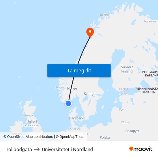 Tollbodgata to Universitetet i Nordland map