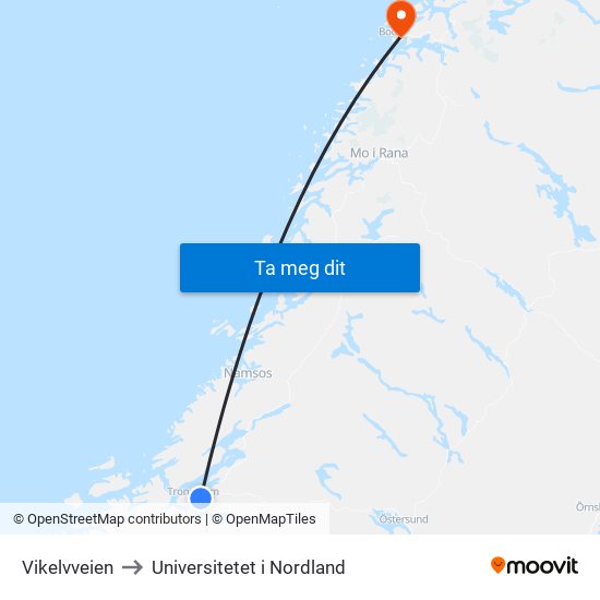Vikelvveien to Universitetet i Nordland map