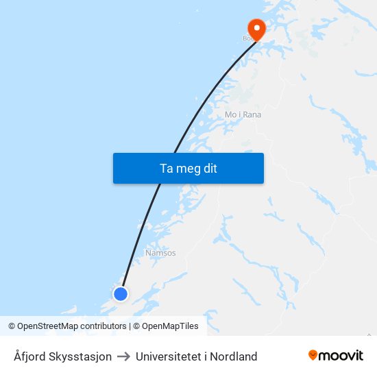 Åfjord Skysstasjon to Universitetet i Nordland map