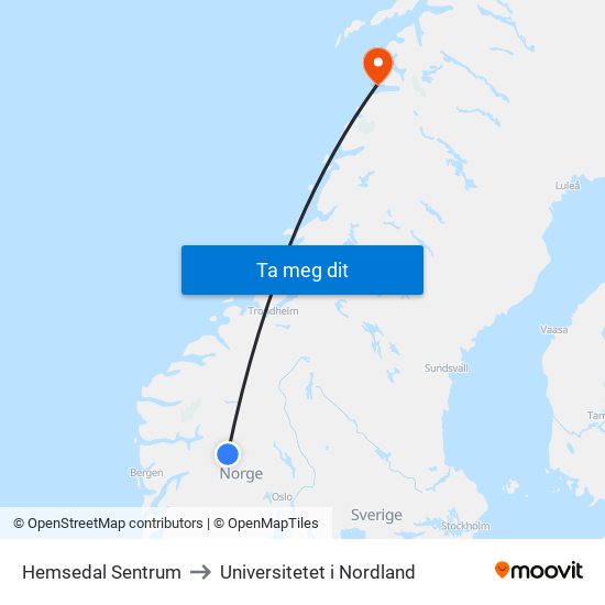 Hemsedal Sentrum to Universitetet i Nordland map