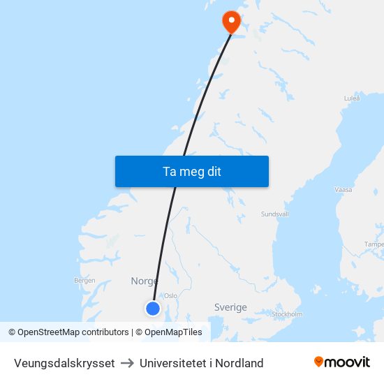 Veungsdalskrysset to Universitetet i Nordland map