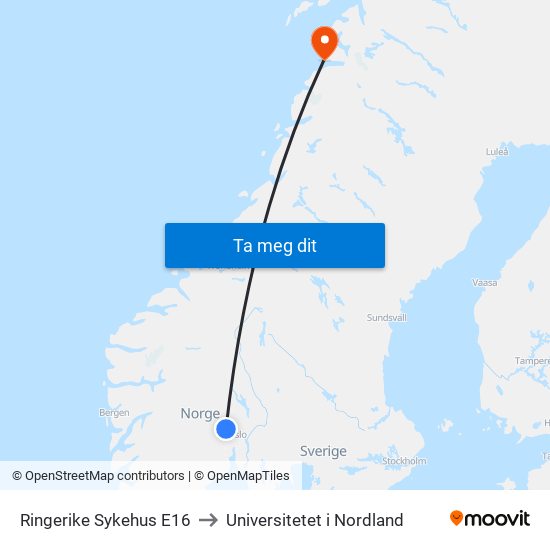 Ringerike Sykehus E16 to Universitetet i Nordland map