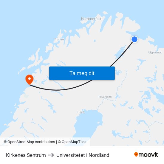 Kirkenes Sentrum to Universitetet i Nordland map