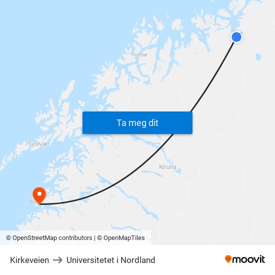 Kirkeveien to Universitetet i Nordland map