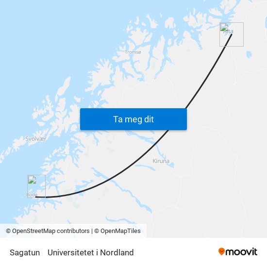 Sagatun to Universitetet i Nordland map