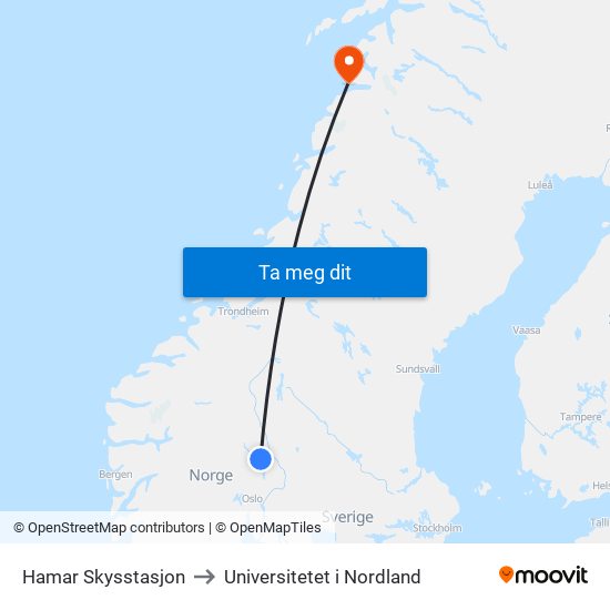 Hamar Skysstasjon to Universitetet i Nordland map