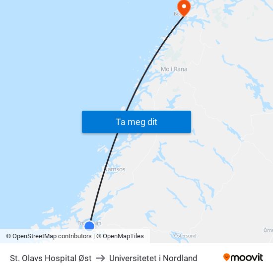 St. Olavs Hospital Øst to Universitetet i Nordland map