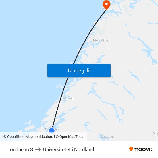 Trondheim S to Universitetet i Nordland map