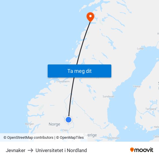 Jevnaker to Universitetet i Nordland map