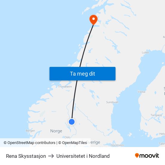 Rena Skysstasjon to Universitetet i Nordland map