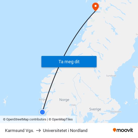 Karmsund Vgs. to Universitetet i Nordland map