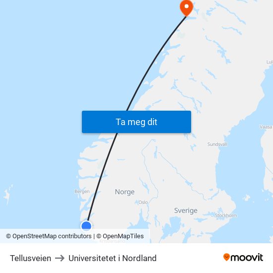 Tellusveien to Universitetet i Nordland map