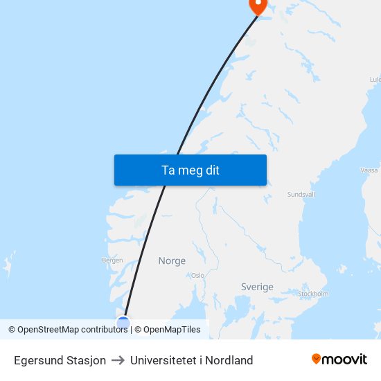 Egersund Stasjon to Universitetet i Nordland map