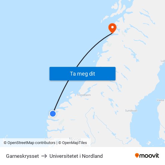 Garneskrysset to Universitetet i Nordland map