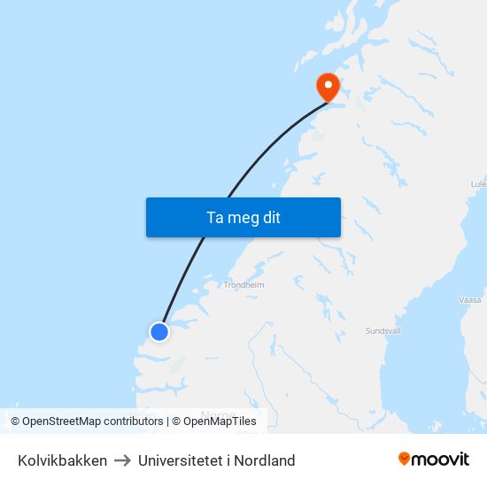 Kolvikbakken to Universitetet i Nordland map
