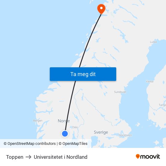 Toppen to Universitetet i Nordland map