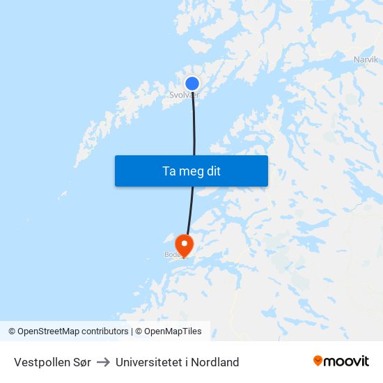 Vestpollen Sør to Universitetet i Nordland map