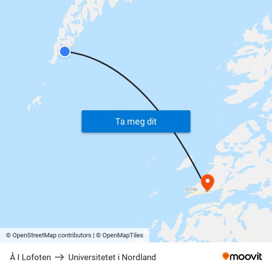 Å I Lofoten to Universitetet i Nordland map