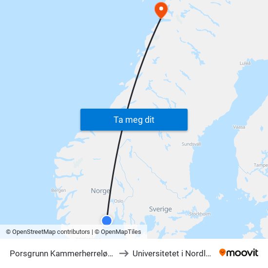 Porsgrunn Kammerherreløkka to Universitetet i Nordland map