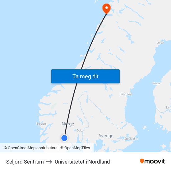 Seljord Sentrum to Universitetet i Nordland map