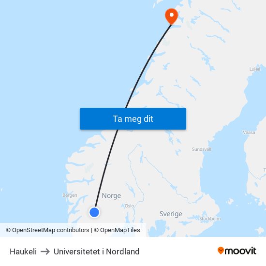 Haukeli to Universitetet i Nordland map