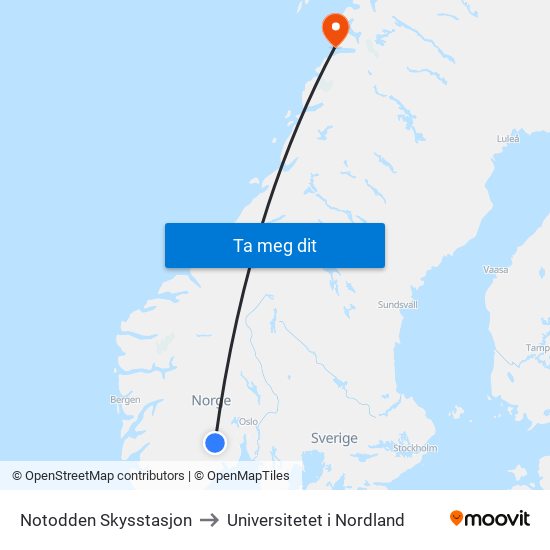 Notodden Skysstasjon to Universitetet i Nordland map