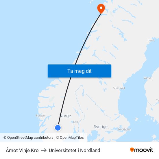 Åmot Vinje Kro to Universitetet i Nordland map