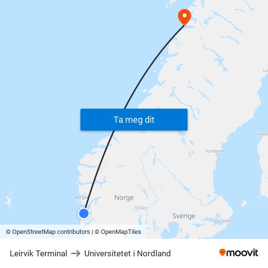 Leirvik Terminal to Universitetet i Nordland map