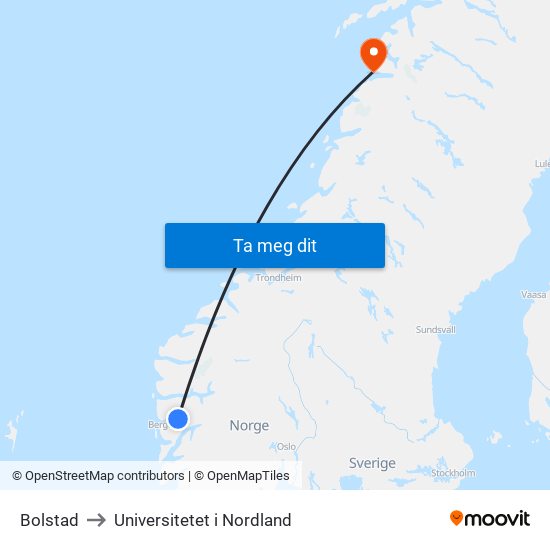 Bolstad to Universitetet i Nordland map
