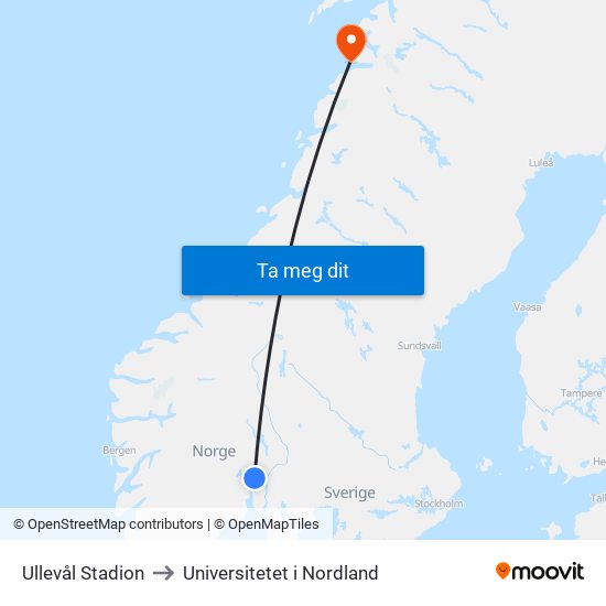 Ullevål Stadion to Universitetet i Nordland map